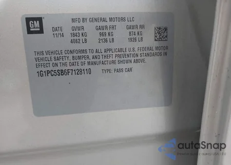 2015 Chevrolet Cruze 1Lt Auto z USA, uszkodzony, nr VIN 1G1PC5SB6F7128110